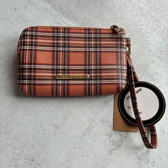 Steve Madden Plaid Dual Zip Wristlet Clutch in Red and Brown - Picture 2 of 14
